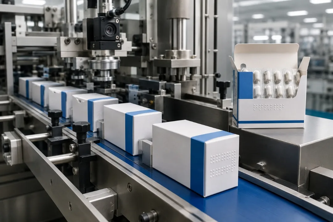 Pharmaceutical packaging machine processing medicine cartons with Braille embossing and automated carton inspection in a sterile production facility.