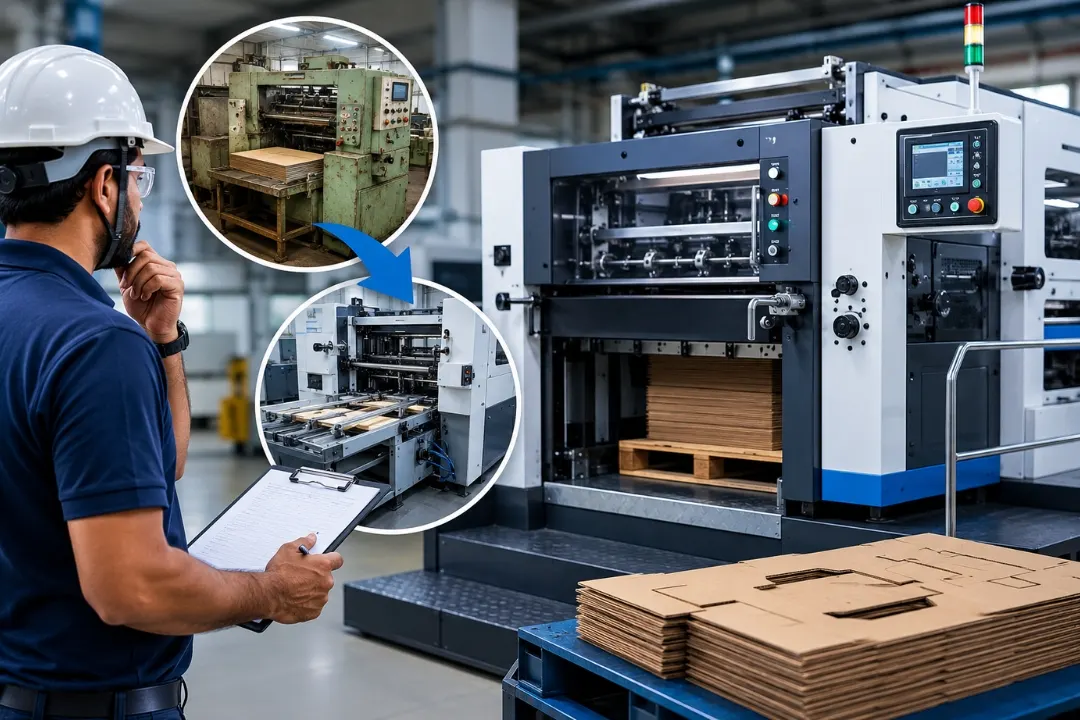 Die cutting machine upgrade illustration showing an advanced automatic die cutter replacing outdated equipment to improve packaging production efficiency and quality.