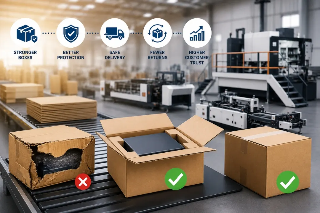E-Commerce Returns packaging image showing damaged and secure corrugated boxes in a modern warehouse with box-making machines