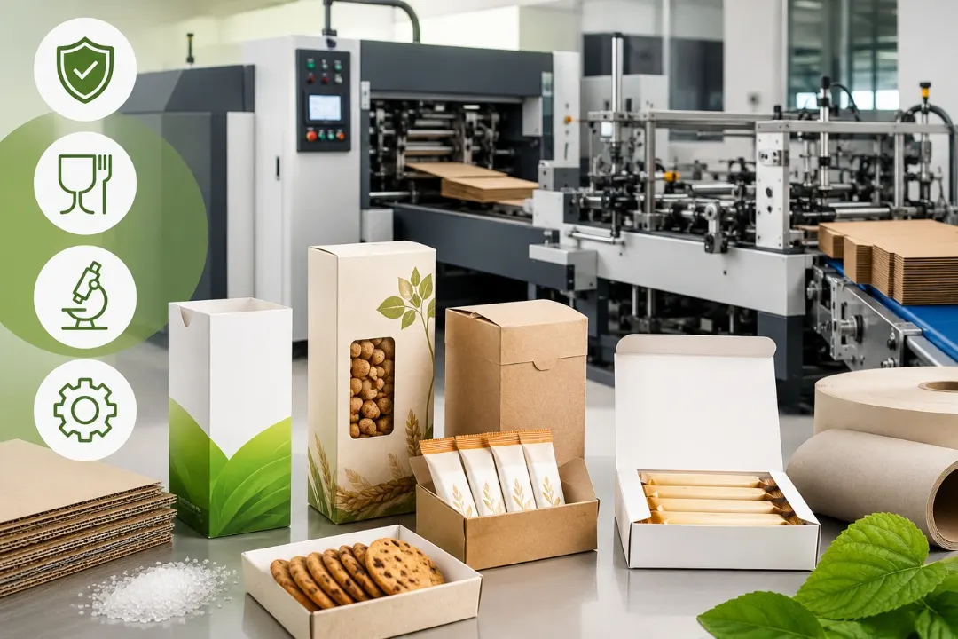 Food-Grade Carton Packaging production line featuring carton packaging machines, food-safe paperboard cartons, and FMCG packaging materials in a modern manufacturing facility.