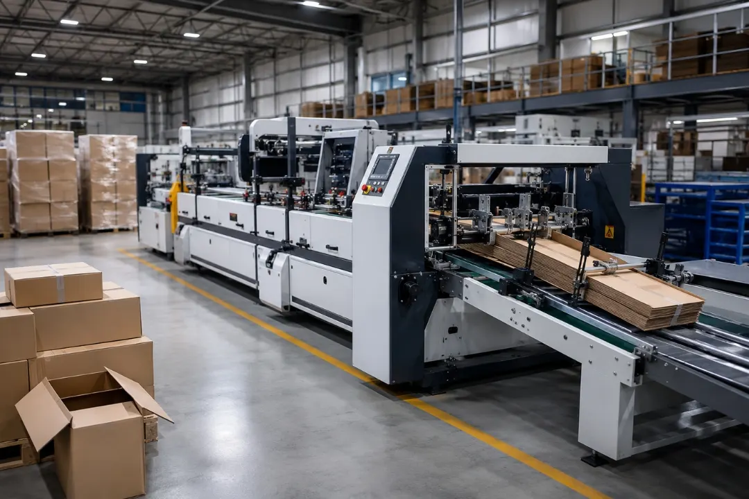 Increase packaging output with Robus India automatic folder gluer machine operating in a modern packaging manufacturing facility.