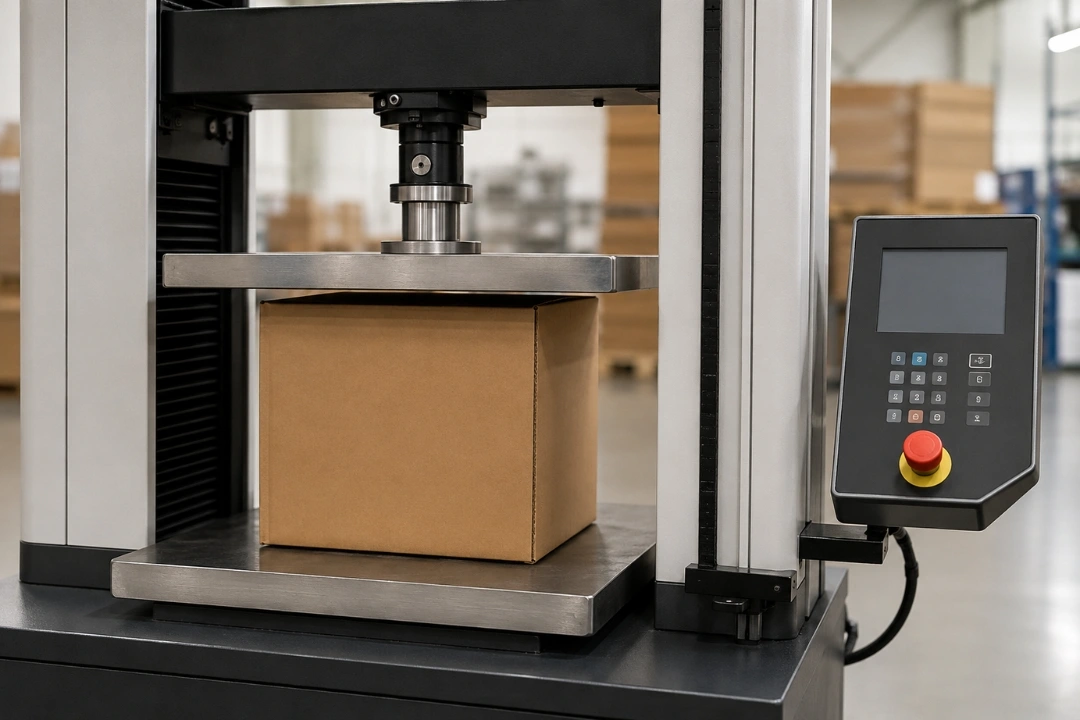 Box Compression Test machine measuring the compression strength of a corrugated shipping box during laboratory packaging quality testing