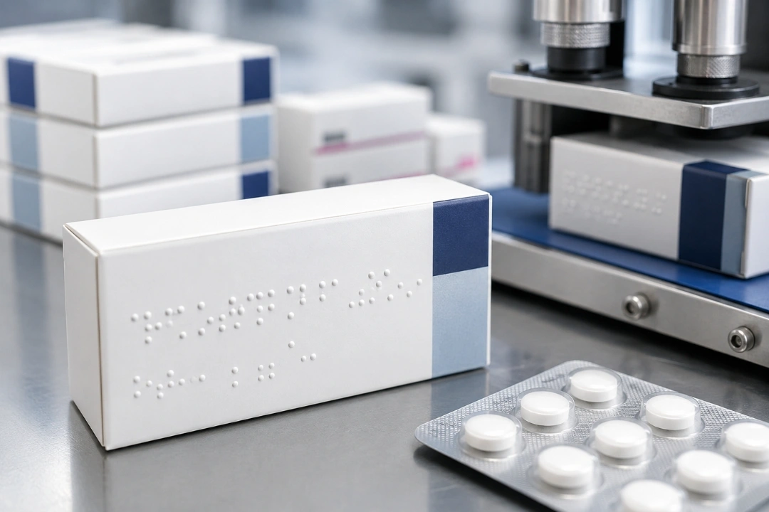 Braille packaging compliance on pharmaceutical carton with embossed Braille during automated pharma packaging production
