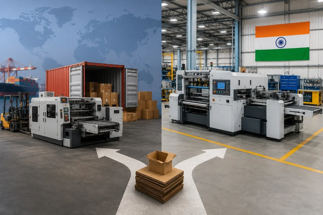 Import vs Indian-Made Packaging Machinery comparison showing imported and Indian carton packaging machines with logistics and local manufacturing support.