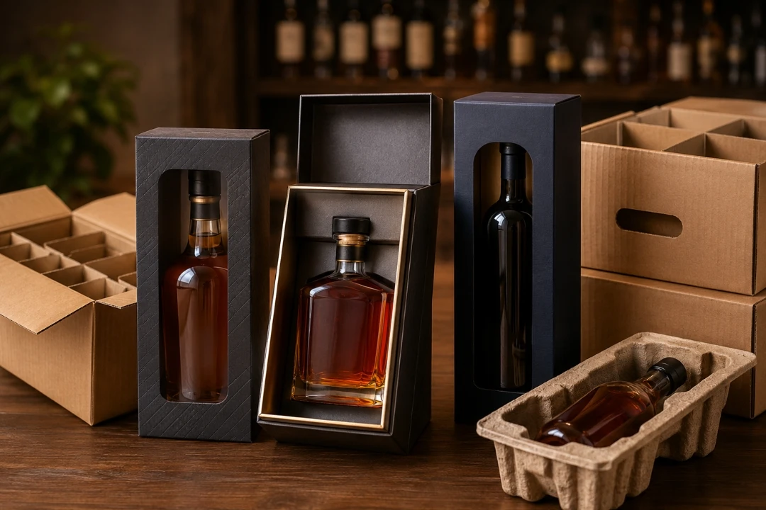 Liquor and spirits packaging with premium rigid boxes, folding cartons, corrugated shipping boxes, and glass bottles for alcohol packaging in India.