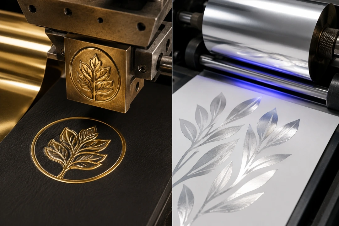 Hot foil stamping vs cold foil stamping comparison showing premium metallic foil finishing on packaging materials using hot die and cold foil processes