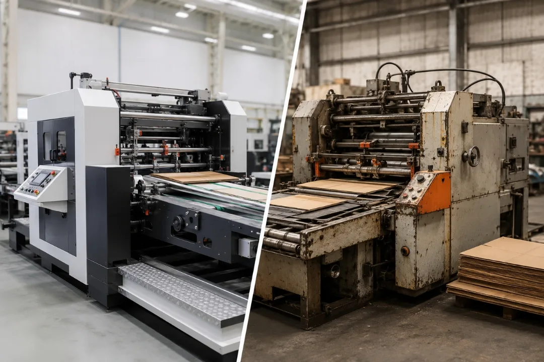 New vs refurbished carton packaging machines comparison showing a modern folder gluer alongside an older refurbished packaging machine in an industrial facility.