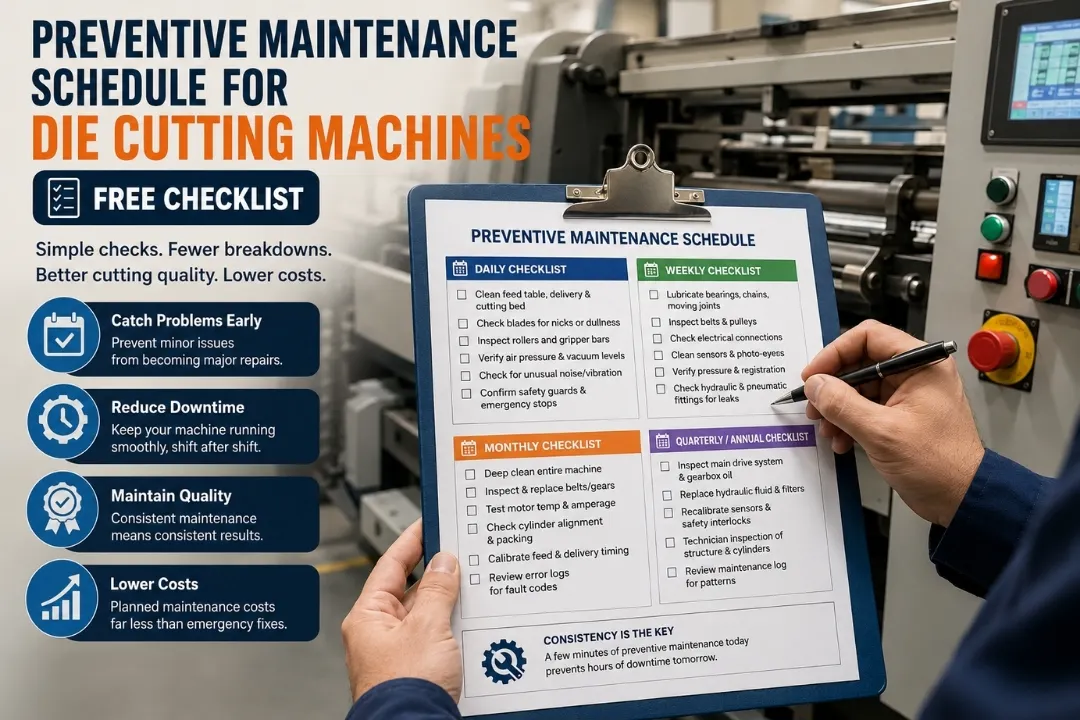 Preventive maintenance schedule for die cutting machines with a free checklist covering daily, weekly, monthly, and annual maintenance tasks