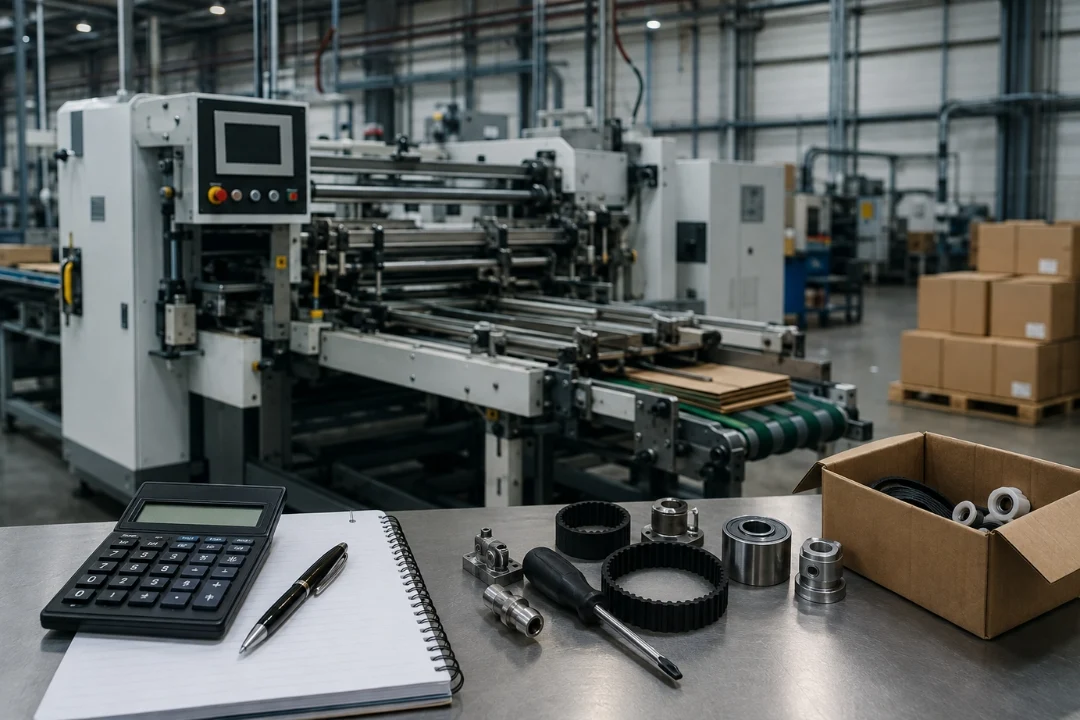 Hidden Costs of Owning a Packaging Machine shown with industrial equipment, spare parts, and maintenance tools
