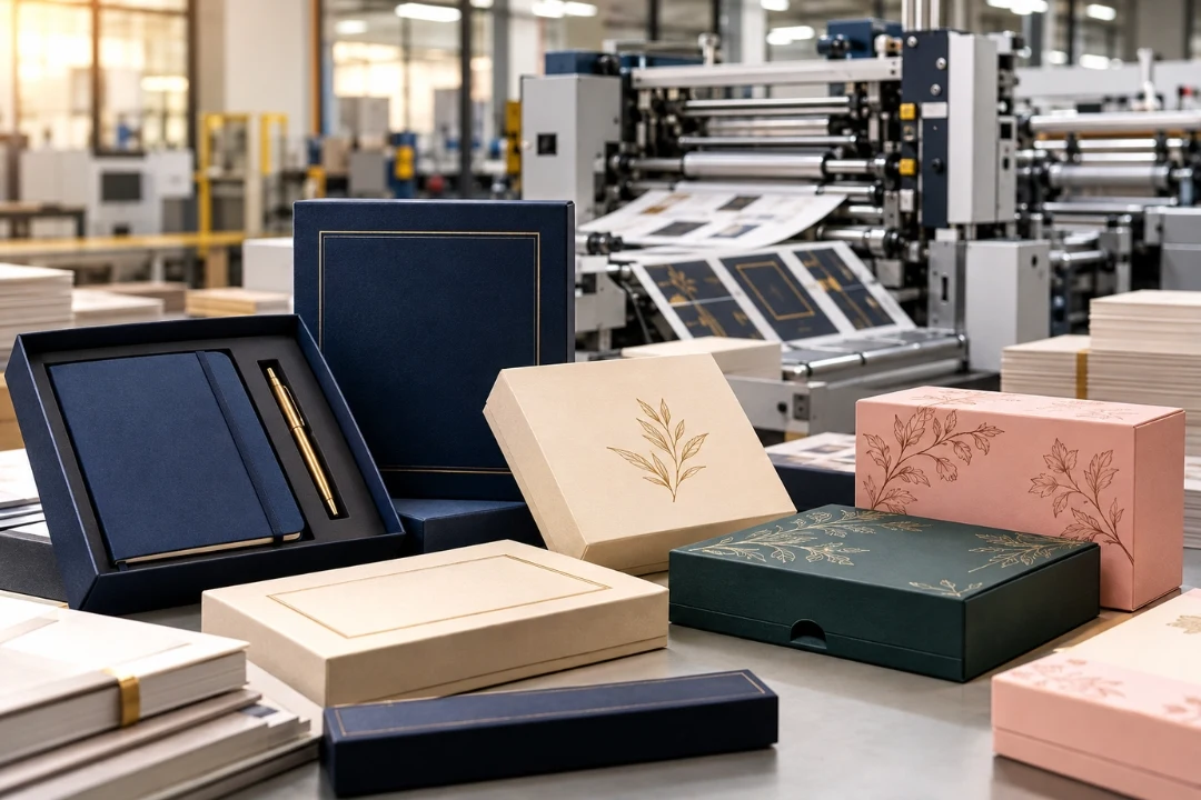 Gift box packaging machines finishing a stationery gift box with gold foil stamping and embossing