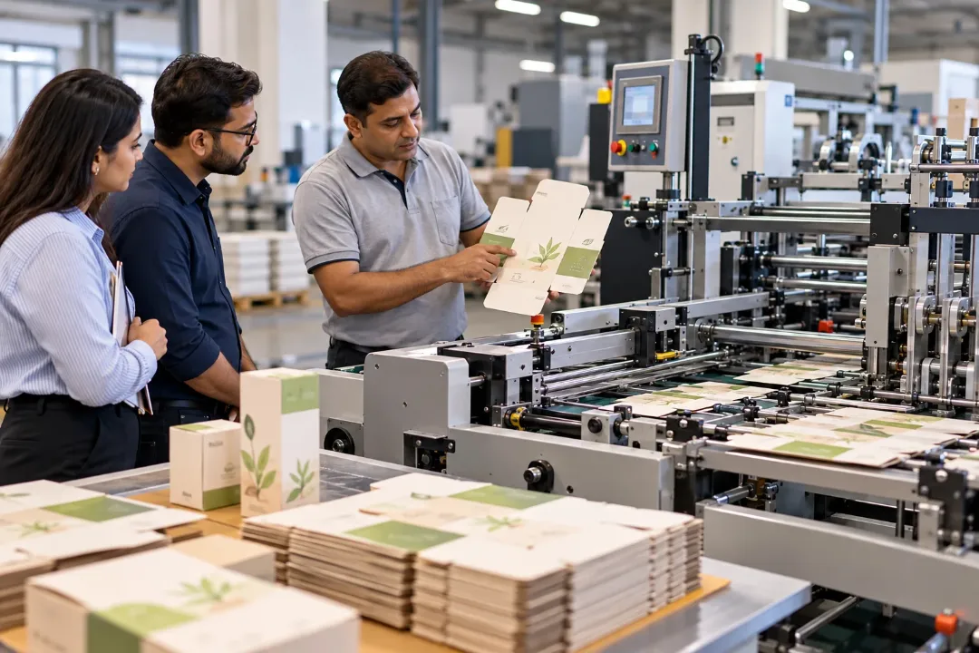 Engineer running a packaging machine demo on a carton folder gluer while a buyer inspects the output