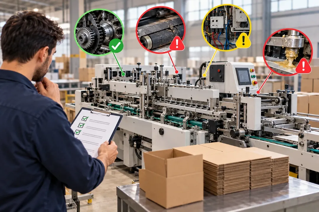 Technician inspecting second-hand carton packaging machines before purchase